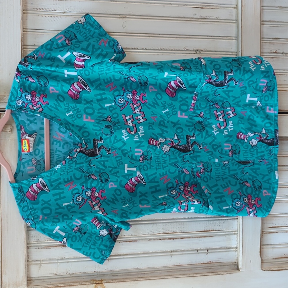 Dr Seuss, cat in the hat scrub top. Small